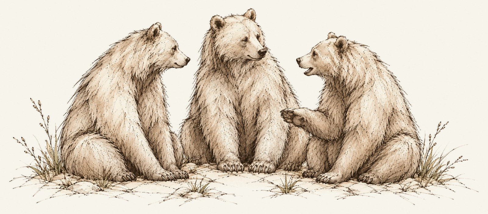 A sketch of three bears sitting together in conversation