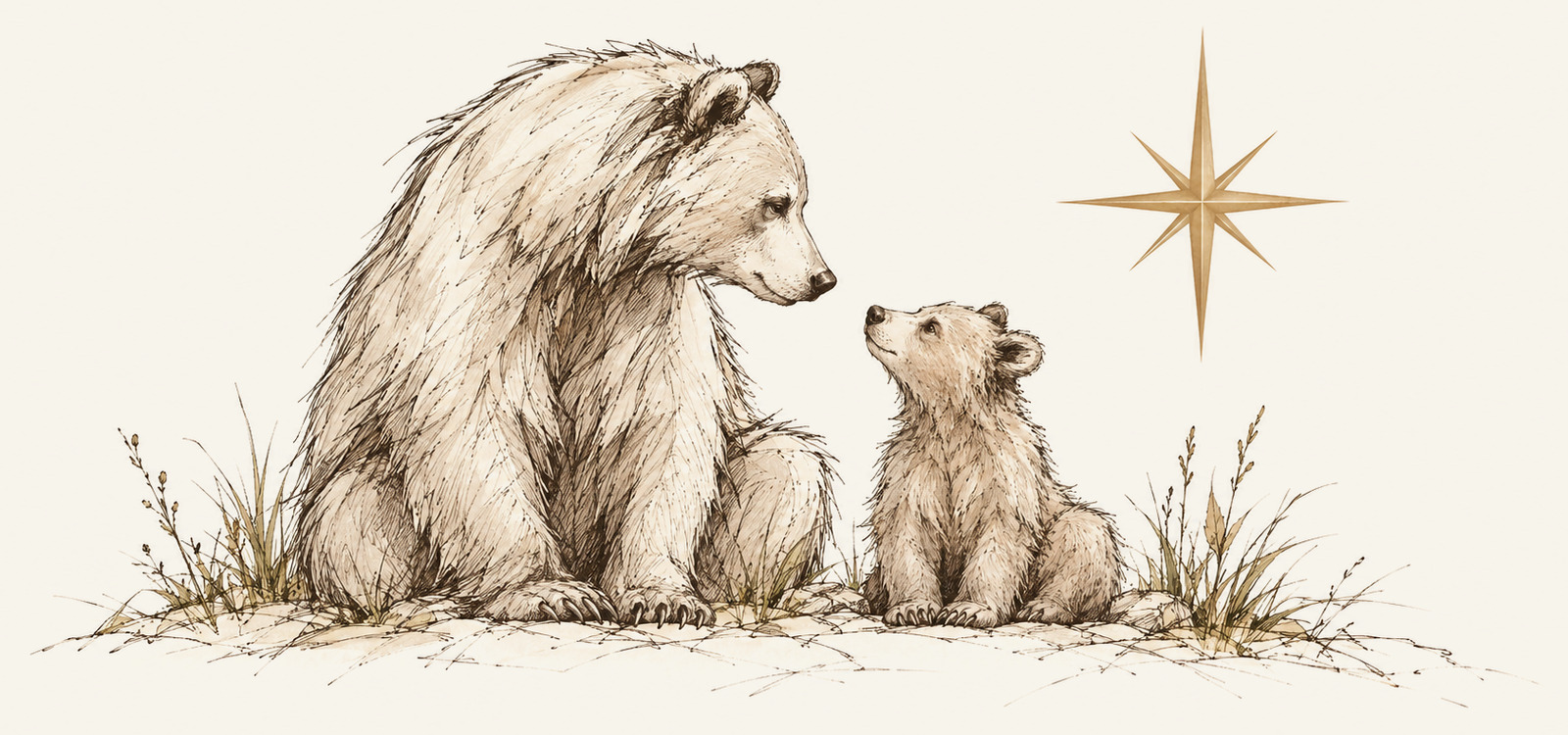 A sketch of a mother bear and her cub facing each other beneath a compass star