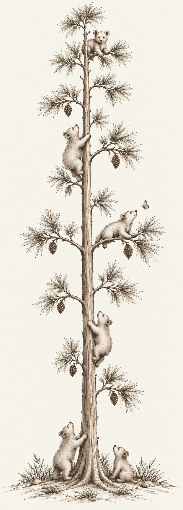 A sketch of bear cubs climbing a tall pine